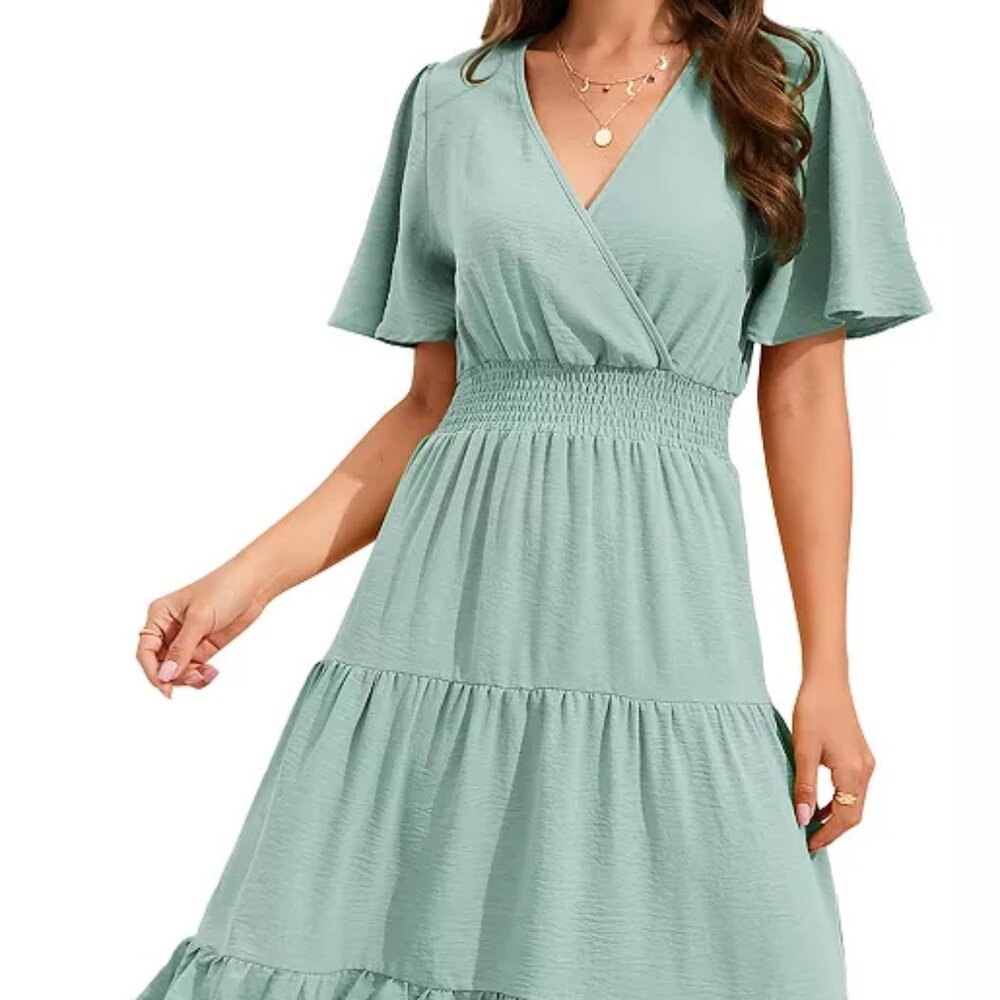 Women's Wrap V Neck Midi Dress Long Sleeve Smocked Waist Tiered A Line Pleated